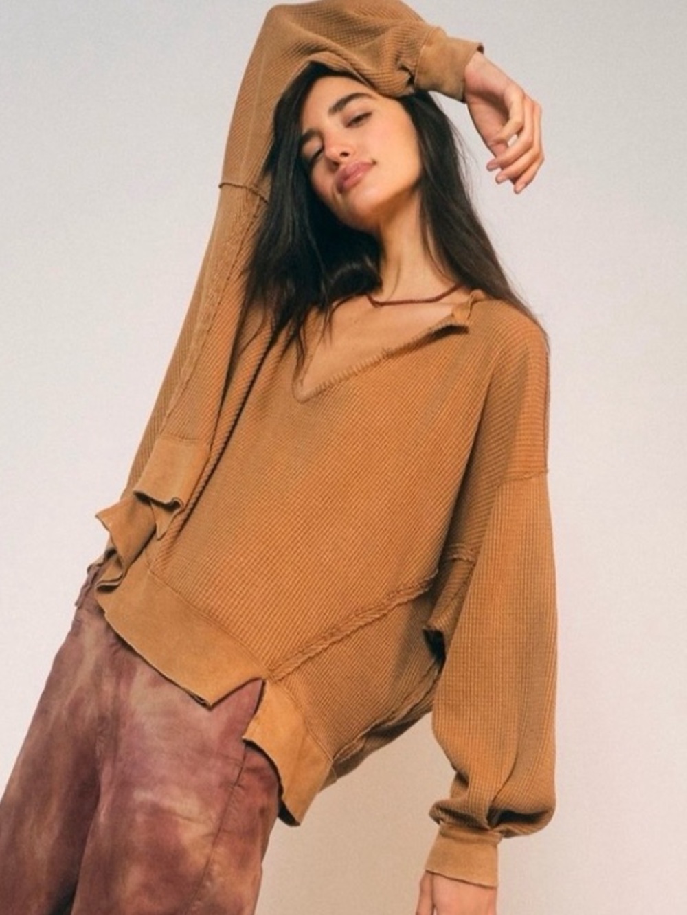 FREE PEOPLE Waffle Knit*Thermal “Buttercup” Camel/Gold*Oversized Long Sleeve*Sm